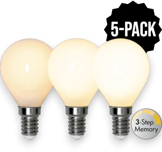 Pack de 5 ampoules sphériques avec culot E14, verre opale, culot argenté. Avec mémoire 3 positions.