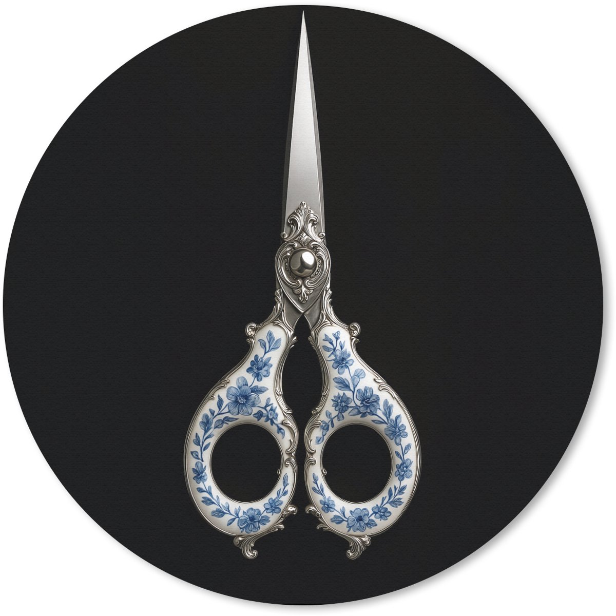 Muismat rond 50x50 cm - Mousepad Schaar - Delfts blauw - Zwart - Ronde muismatten