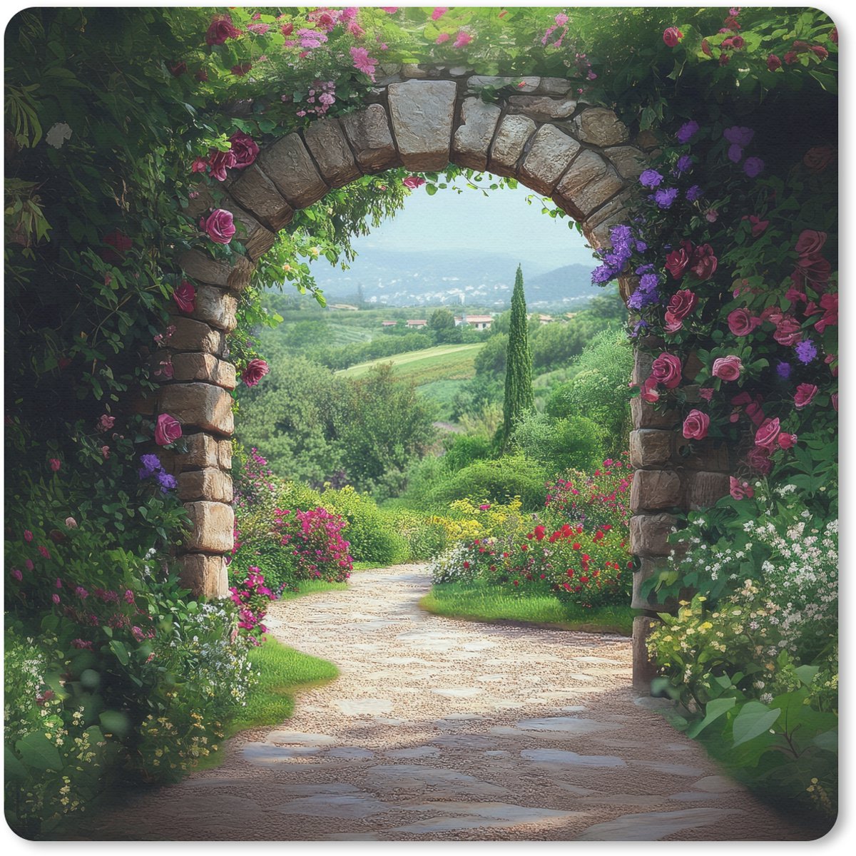Muismat 30x30 cm - Mousepad Doorkijk - Landschap - Bloemen - Pad - Uitzicht - Muismatten