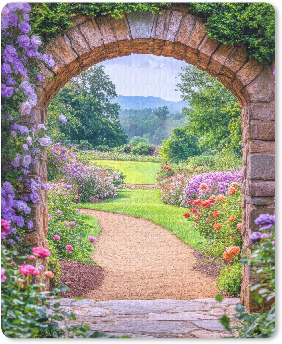 Muismat 19x23 cm - Mousepad Doorkijk - Poort - Bloemen - Tuin - Muismatten