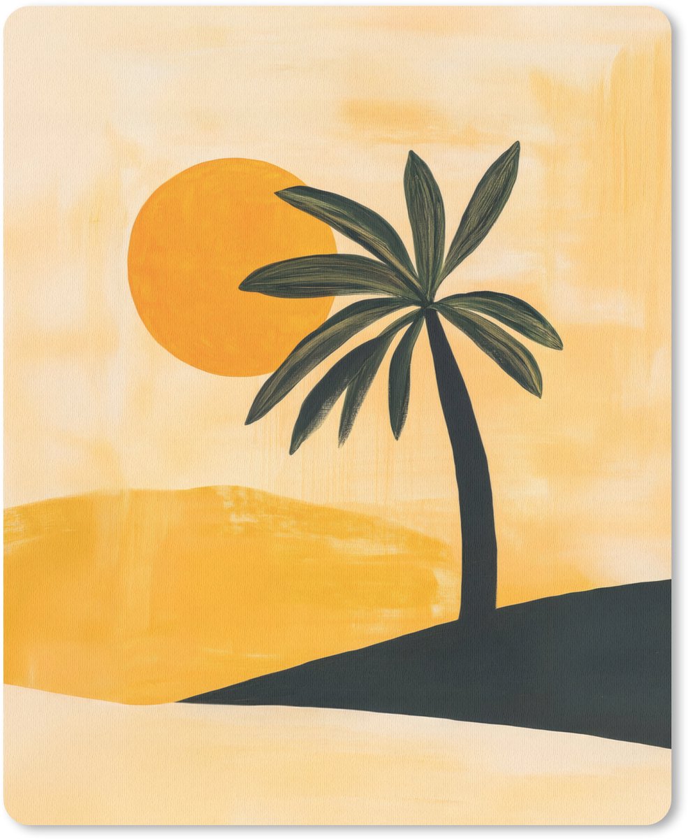 Muismat 19x23 cm - Mousepad Illustratie - Palmboom - Zon - Heuvels - Muismatten