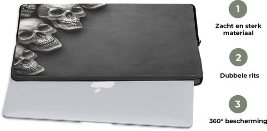 Laptophoes 17 inch - Skelet - Doodshoofden - Schedels - Zwart - Laptop sleeve - Binnenmaat 41x28 cm - Zwarte achterkant