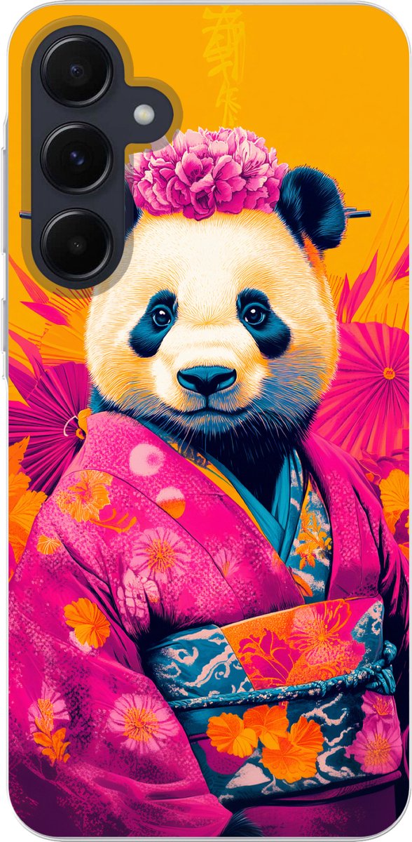 Telefoonhoesje Geschikt voor Samsung Galaxy A55 hoesje - Kimono - Roze - Panda - Bloemenkroon - Siliconen Telefoonhoesje Telefoonhoesje
