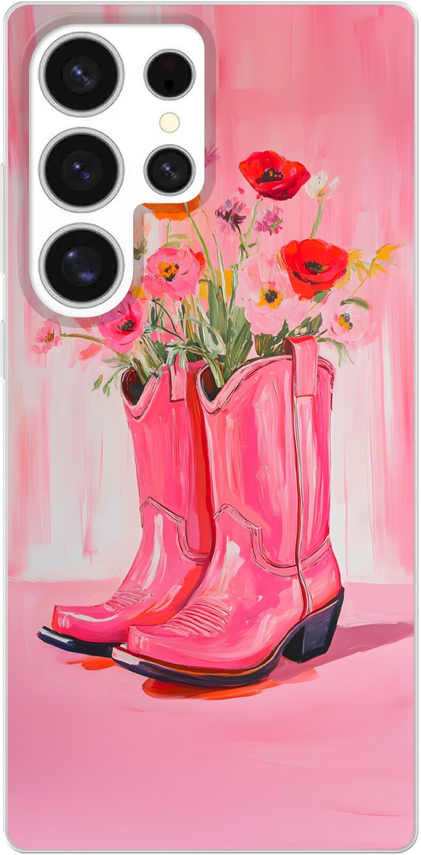 Telefoonhoesje Geschikt voor Samsung Galaxy S25 Ultra hoesje - Roze - Bloemen - Cowboy - Siliconen Telefoonhoesje Telefoonhoesje