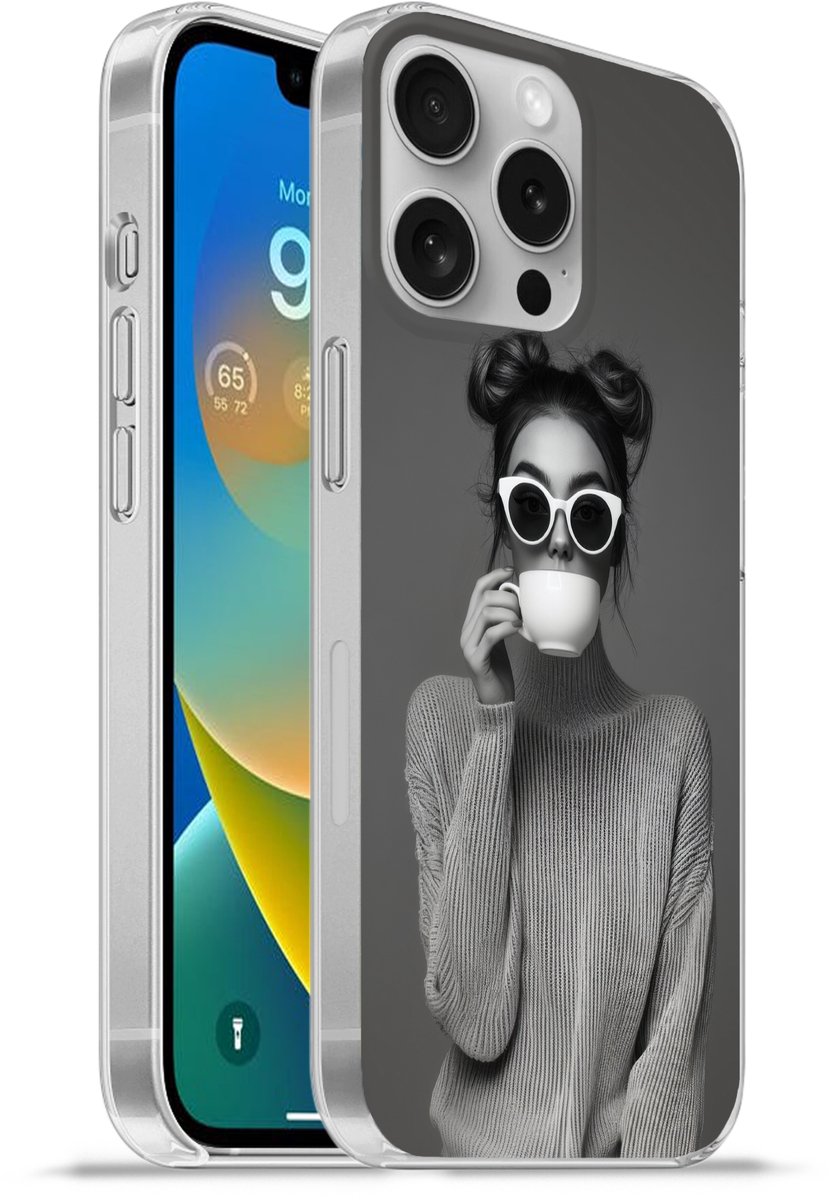 Telefoonhoesje Geschikt voor Apple Iphone 16 Pro hoesje - Vrouw - Koffie - Zwart - Wit - Siliconen Telefoonhoesje Telefoonhoesje