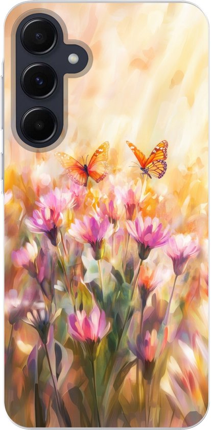 Une coque de téléphone avec un imprimé pictural de papillons orange et de fleurs roses dans un paysage ensoleillé.