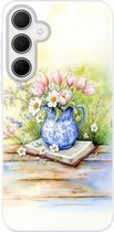 Telefoonhoesje Geschikt voor Samsung Galaxy A35 hoesje - Vaas - Delftsblauw - Madeliefjes - Siliconen Telefoonhoesje Telefoonhoesje
