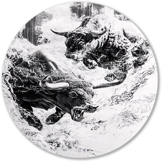 Stieren en water in skyline - Stieren rond schilderij - Wandschalen water - Hyperrealisme - Decoratieve muurcirkels - Kunst - muurcirkel aluminium 50x50 cm