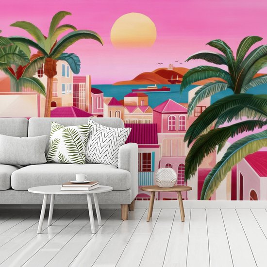 Behang - Fotobehang Stad - Roze - Palmbomen - Breedte 320 cm x hoogte 240 cm