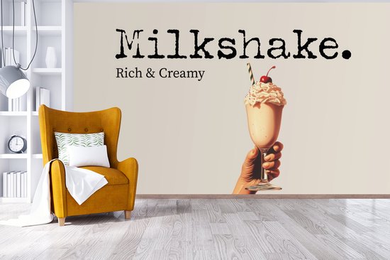 Behang - Fotobehang Milkshake - Kers - Rietje - Breedte 435 cm x hoogte 260 cm