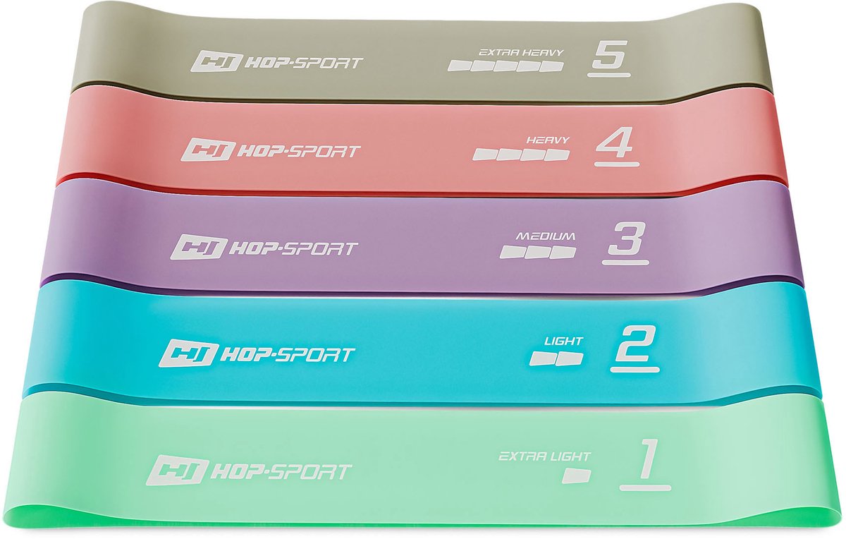 Hop-Sport Fitnessbanden Set van 5 – Latex Weerstandsbanden met 5 Weerstandsniveaus voor Krachttraining, Yoga en Revalidatie – Pastel