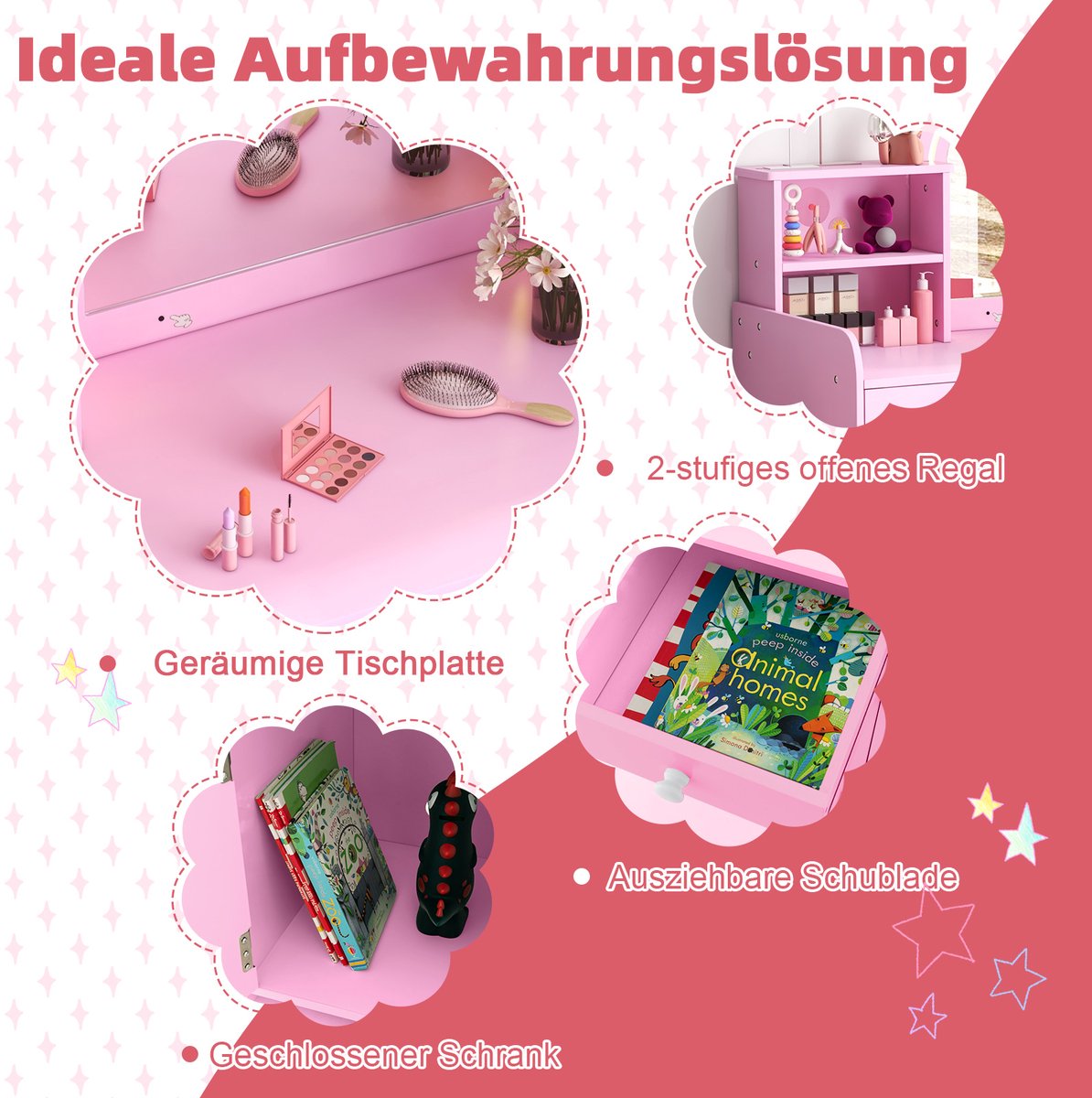 COSTWAY 2-in-1 kinder kaptafel, make-uptafel met kruk, ledverlichting, spiegel, kast en lade, kinderkaptafelset, kaptafel van hout voor meisjes, voor kinderen vanaf 3 jaar (roze) — afbeelding 8