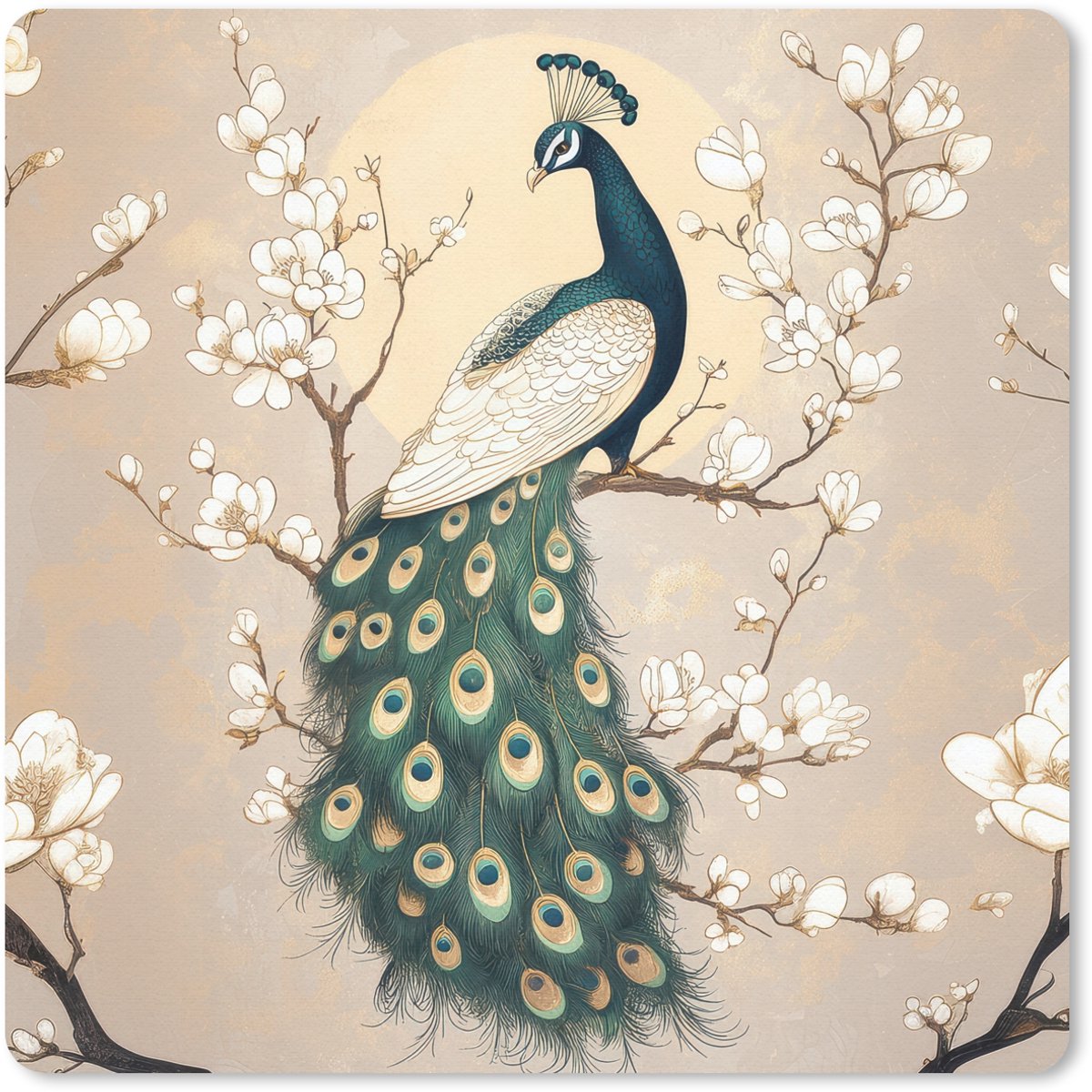 Muismat 20x20 cm - Mousepad Pauw - Tak - Bloemen - Muismatten