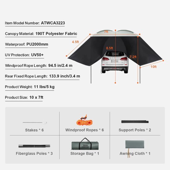 Store 270° extensible pour voiture, store latéral de toit étanche, pour SUV, Camper -car et Truck , tissu polyester 280 g, avec revêtement PU 3000 mm, 3 x 2,1 m