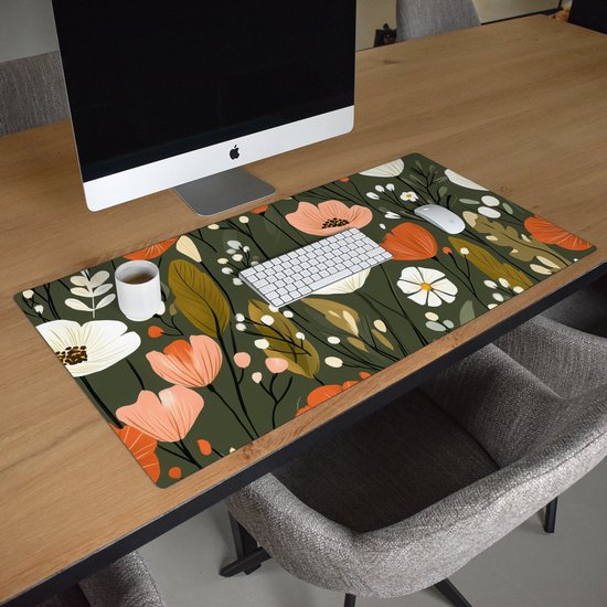 Bureau onderlegger 100x50 cm - Muismat Bloemen - Illustratie - Groen - Bureaumat - Mousepad XXL - Bureau mat - Muismatten groot - Desk organizer - Bureaulegger