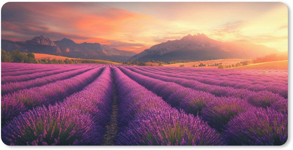 Muismat XXL 80x40 cm - Bureau onderlegger - Bureau mat Lavendelveld - Zonsondergang - Paars - Bureaumat - Gaming mousepad xl - Bureaulegger groot - Computer deskmat