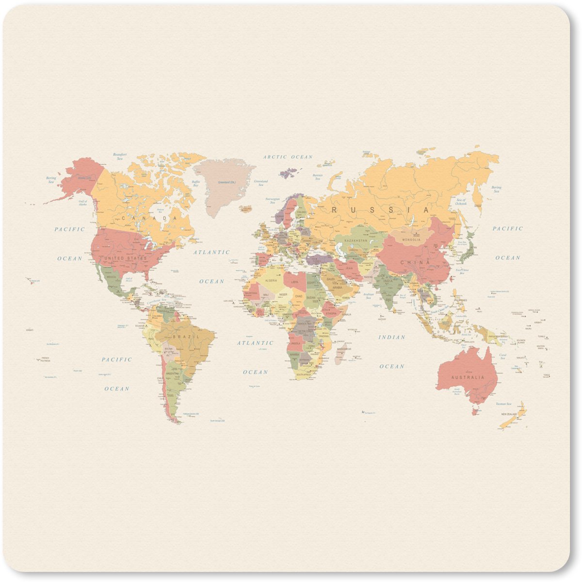 Muismat 30x30 cm - Mousepad Wereldkaart - Realistisch - Beige - Muismatten
