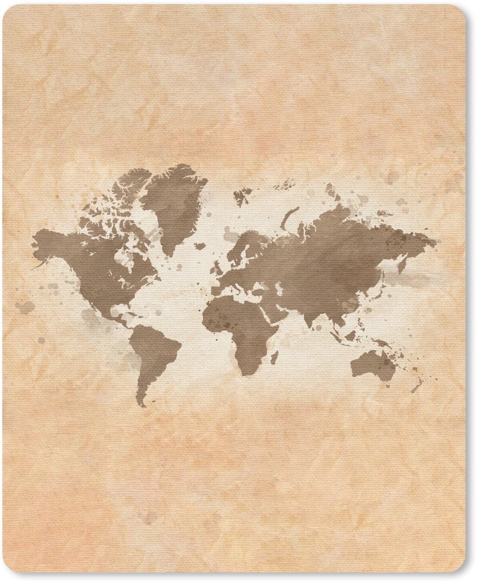 Muismat 19x23 cm - Mousepad Wereldkaart - Beige - Bruin - Muismatten