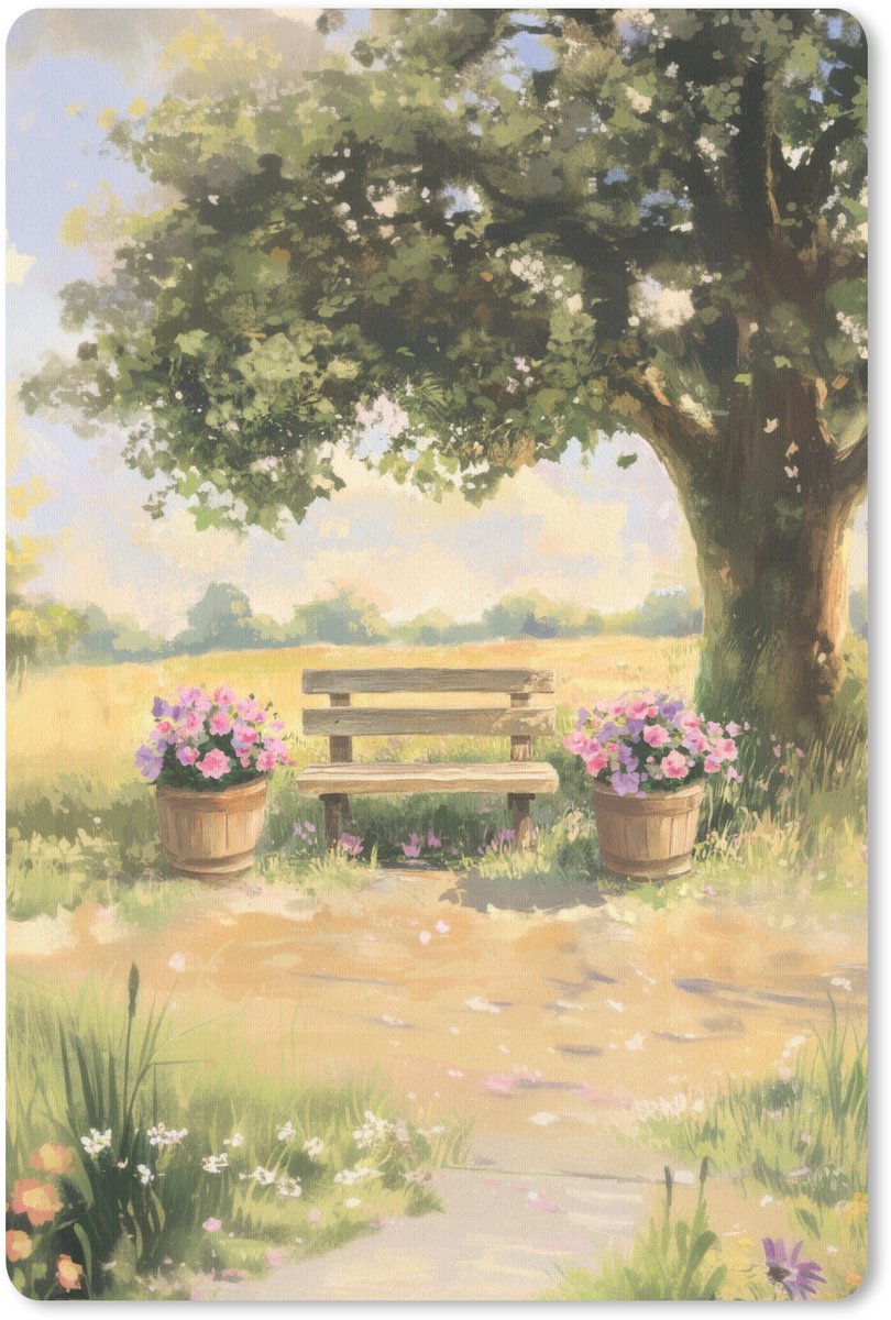 Muismat 18x27 cm - Mousepad Houten bankje - Bloempotten - Landschap - Muismatten