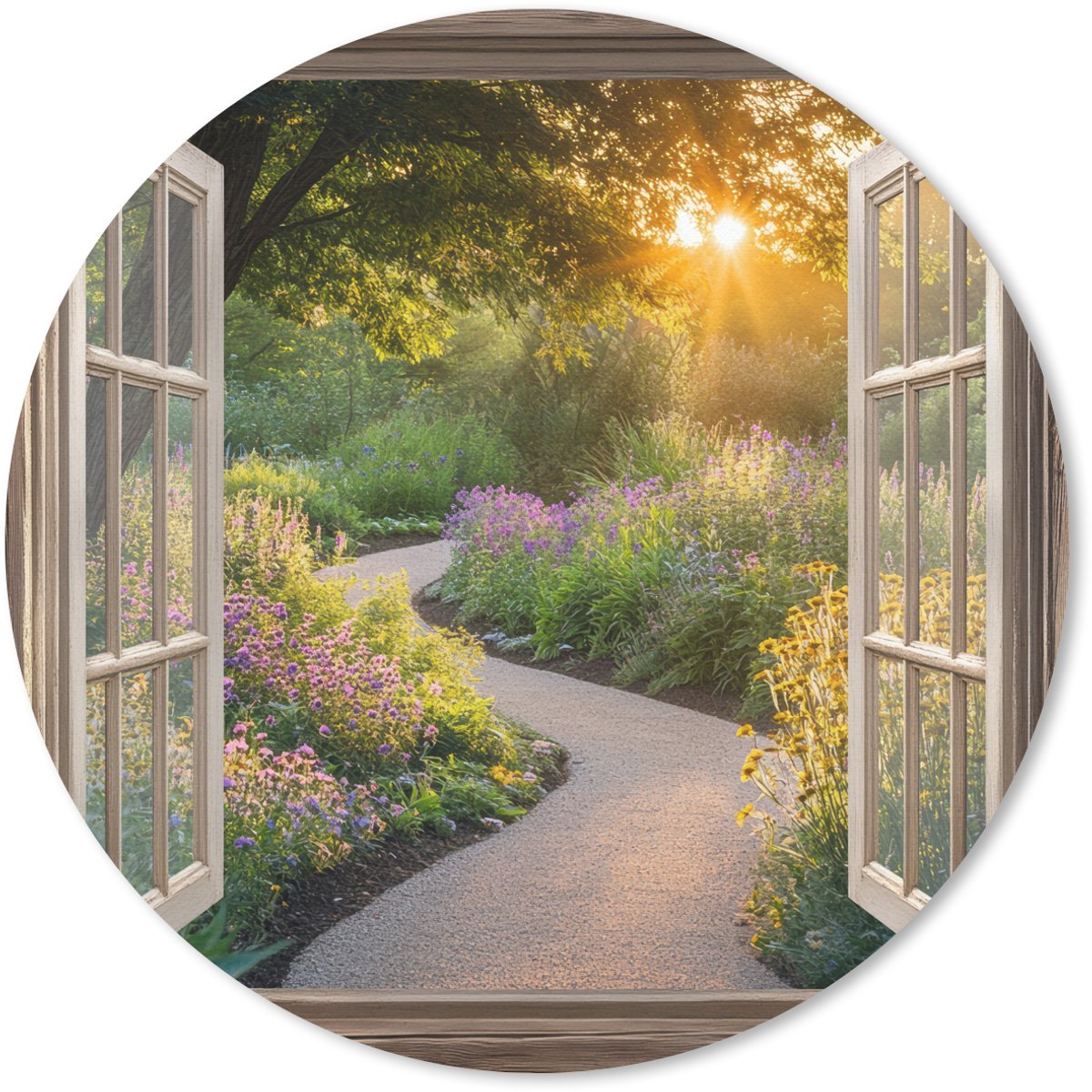 Muismat rond 20x20 cm - Mousepad Doorkijk - Bloemen - Natuur - Zon - Pad - Ronde muismatten