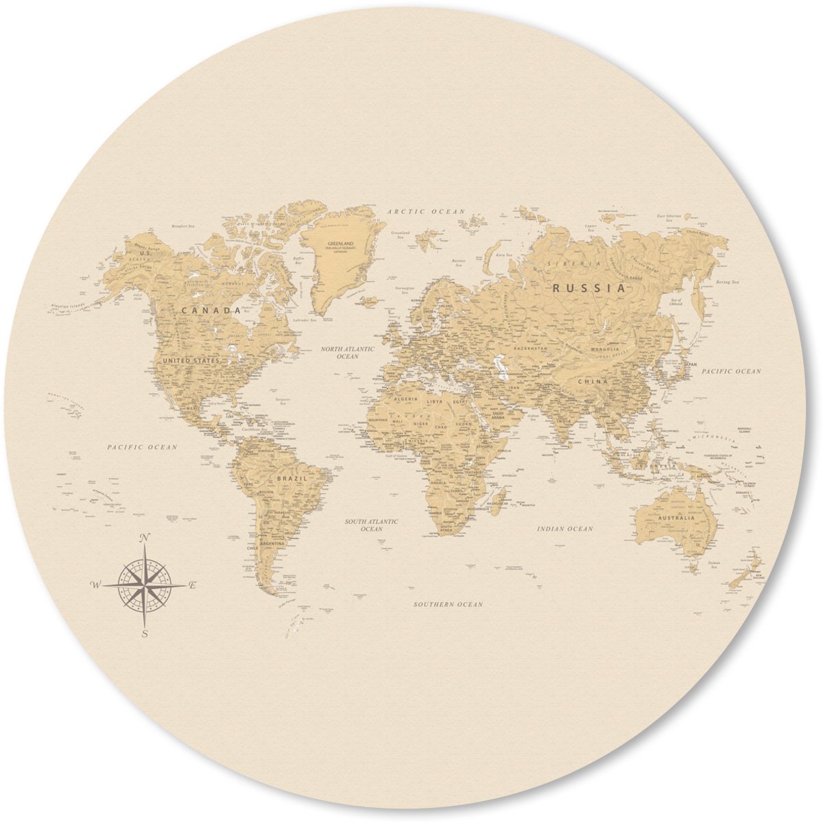 Muismat rond 30x30 cm - Mousepad Wereldkaart - Realistisch - Beige - Ronde muismatten
