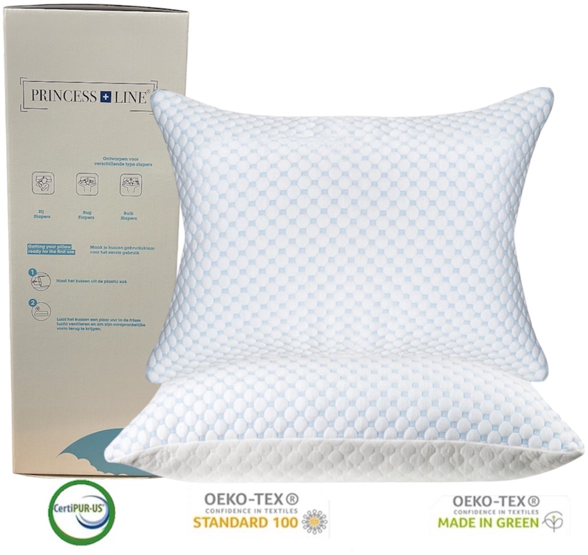 Princess Line Hoofdkussen - Hoofdkussen Traagschuim - Hoofdkussen Nekklachten - Pillow - 30 dagen proefslapen - Slaapkussen - Versnipperd Traagschuim - Verkoelende Technologie -Verstelbaar -Perfect voor Zij, Buik en Rug Slapers 50x70cm Set 2Stuks