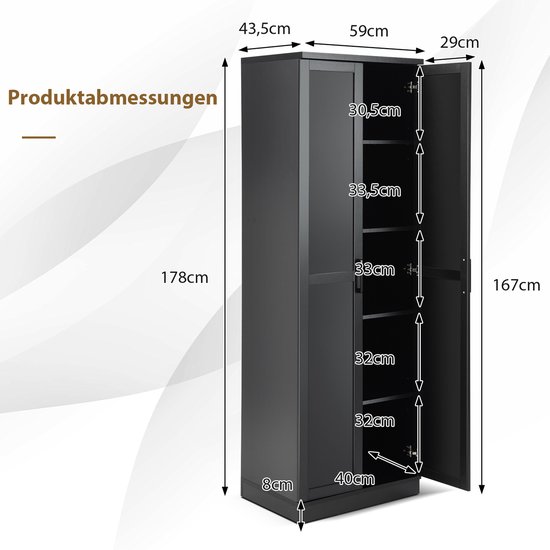 COSTWAY Badkamerkast Met Glazen Deuren, 2 Open Vakken En Verstelbare Planken Hoge Badkamerkast Opbergkast Voor Badkamer Keuken Woonkamer Grijs 327186