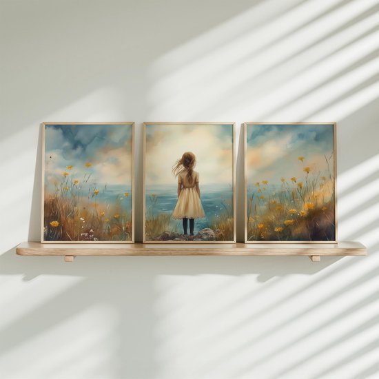 FineArtia - Speels Meisje bij de Zee – Dromerig Pastel Schilderij - Poster Set - 3 stuks - 20-x-30-cm - Meisjeskamer - Kinderposter - Babykamer - Babyshower Cadeau - Wanddecoratie - Kinderkamer decoratie - Muurdecoratie - Zonder Lijst