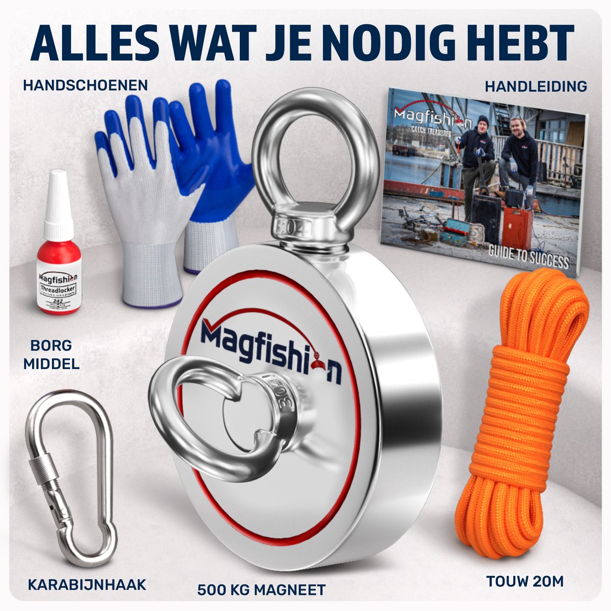 ULIBERMAG Sterke neodymium magneten van 180 kg met 20 m nylon touw en antislip handschoenen voor magnetisch vissen, recycling, schattenjacht in de rivier, meer