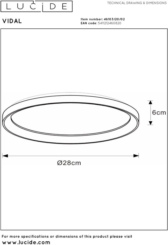 Technische tekening van ronde plafondlamp VIDAL, Ø 28cm, hoogte 6cm.