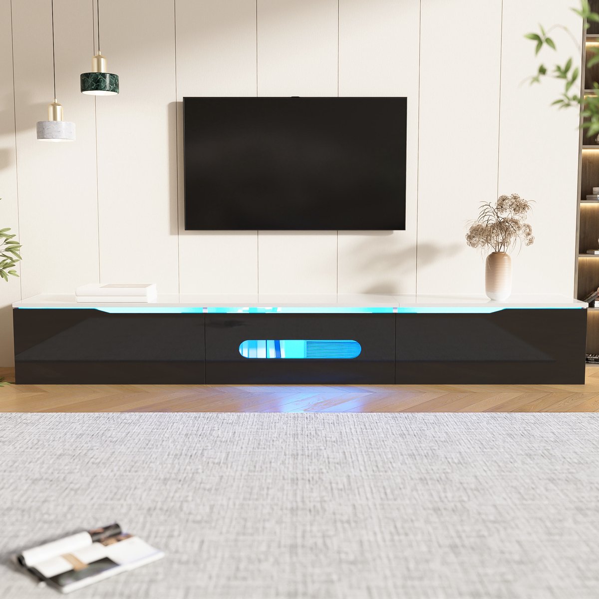Sweiko TV kast - 180cm - Hoogglans afwerking - Met 16 kleuren LED verlichting - Aan de muur te bevestigen - Wit + Zwart