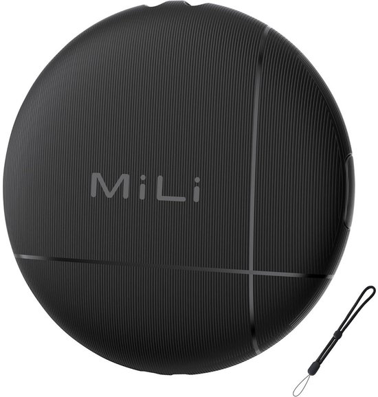 Zwarte MiLi LiTag tracker met touwtje, met geribbelde textuur en logo.