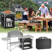 Armoire de camping pliable, cuisine de camping, table de cuisine de camping, armoire de cuisine avec 3 plans de travail, support d'éclairage, pare-brise amovible et sac de transport pour le camping, la plage, les voyages