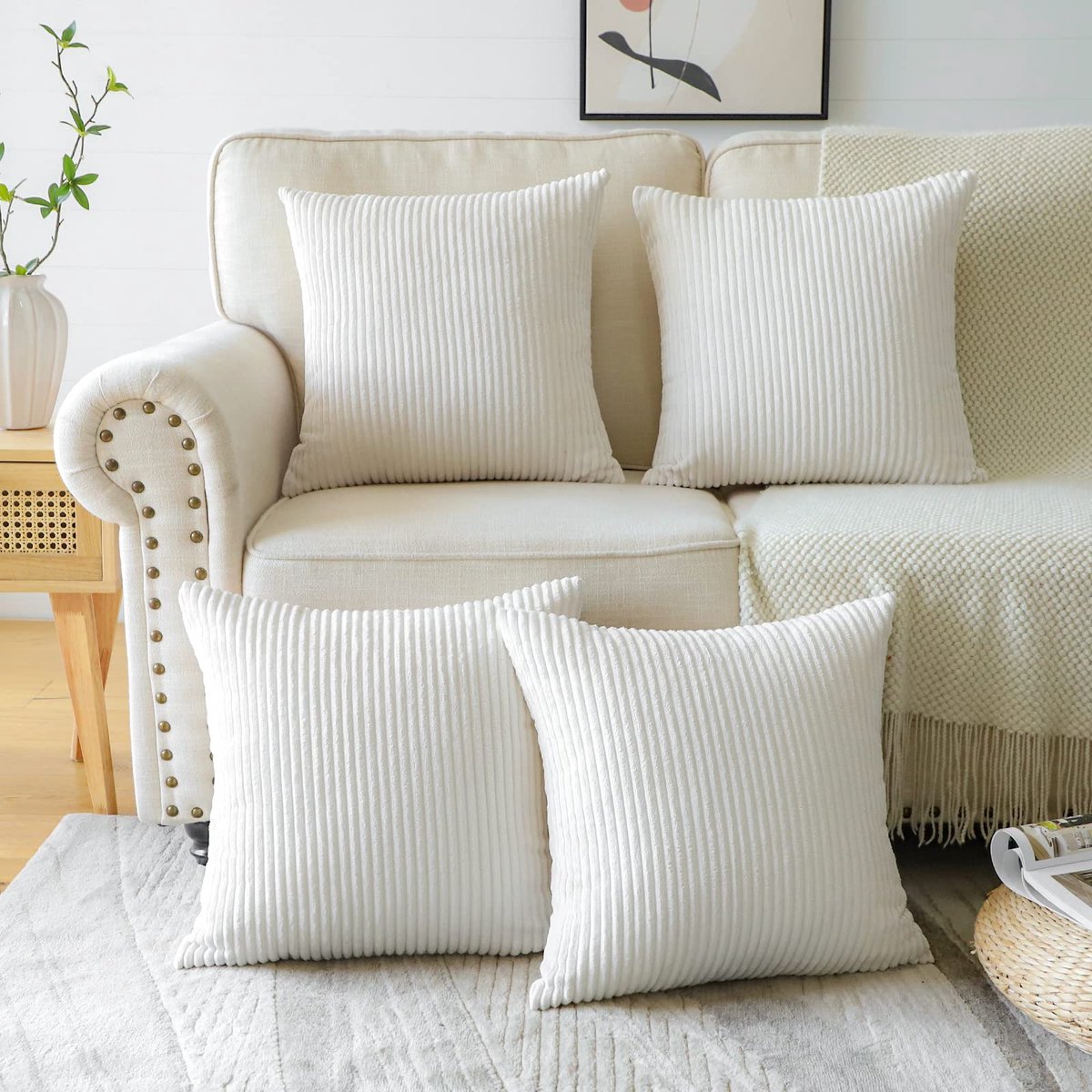 Unyqoos ® Set van 4 Luxe Corduroy Sierkussenhoezen voor Woonkamer en Slaapkamer Decoratie wit