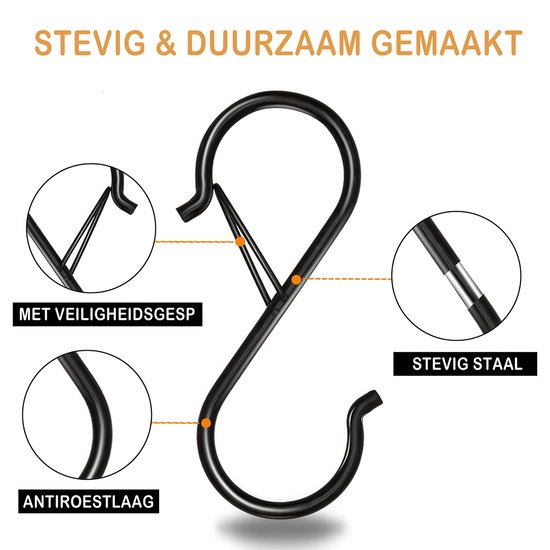 Gedetailleerde weergave van een zwarte S-haak met veiligheidssluiting, gemaakt van stevig staal met roestwerende coating.