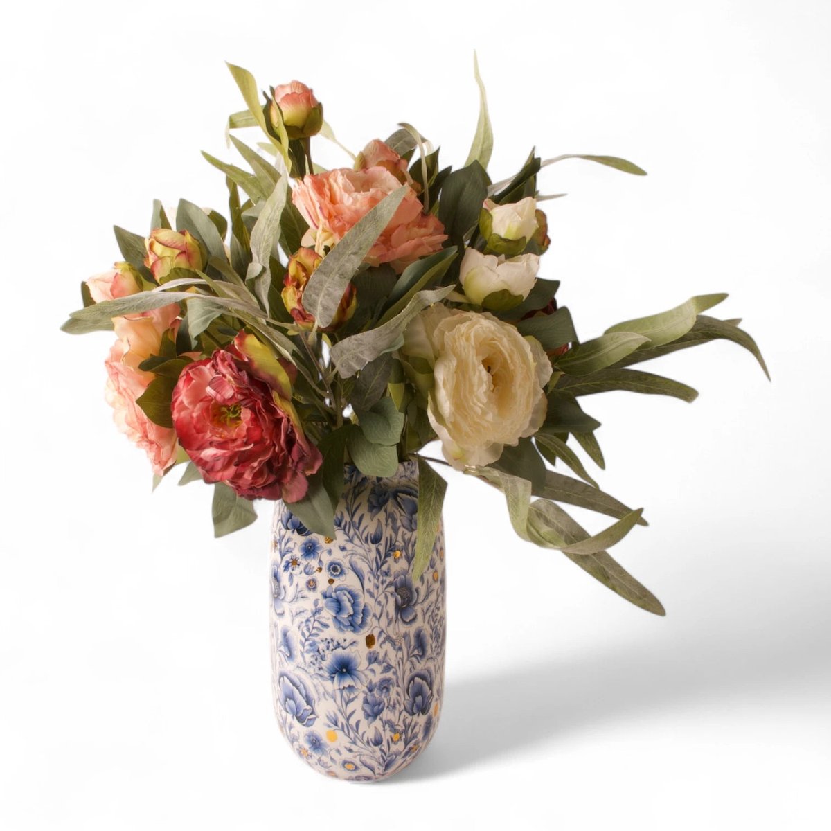 Winq Boeket Kunstbloemen Pioenroos Multicolor-incl. vaas-Gebonden boeket met eucalyptus-kunstbloemen wit