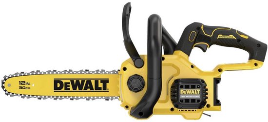 Gele DeWalt accukettingzaag met 30cm zwaard, zwart handvat, batterijcompartiment en 'BRUSHLESS' tekst.