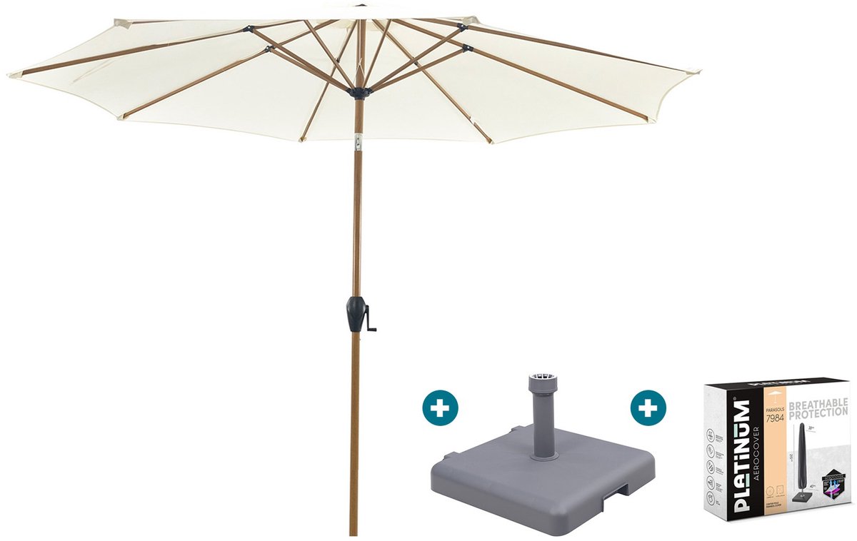 Kayu Stokparasol Ø300 cm. - Ecru/Woodlook met sleepvoet & hoes