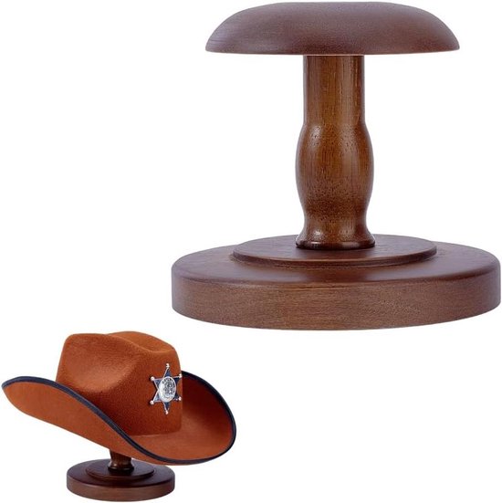 GOMAKERER 1 Stks Tafelhoed Stand, Vintage Bruin Hoed Rack Houten Hoed Stand Houder met Stam Pruik Display Rack Helm Organizer Opslag voor Thuis