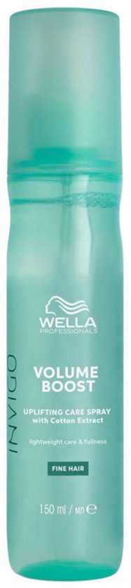 Spray Wella Invigo Volume Boost pour cheveux fins. Flacon transparent avec bouchon vert. Contenu 150 ml.