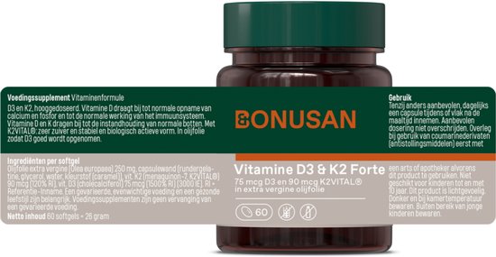 Fles Bonusan Vitamine D3 & K2 Forte, 60 capsules, met groene dop en label met ingrediënten en gebruik.