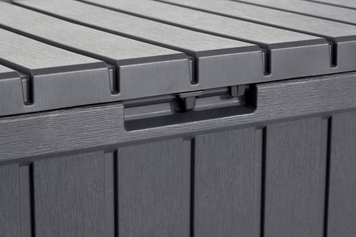 Keter Kentwood Storage Box 190L - Caja de almacenaje para jardín (resistente a los rayos UV, 82,3 x 45,7 x 57,7 cm), color grafito