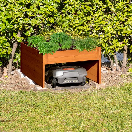 robotmaaier garage - 52,5 x 79 x 74 cm - met plantenbak - hout - grijs — afbeelding 3