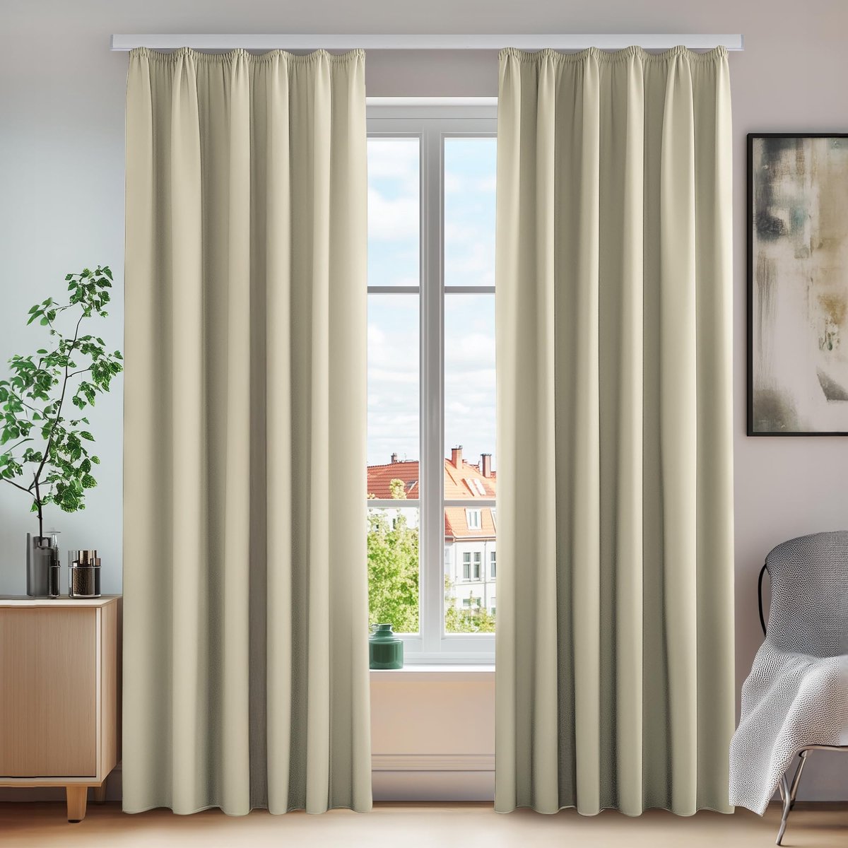 Ibenzoa Verduisterende Thermische Gordijnen met Plooiband voor Optimale Slaap en Privacy in Beige