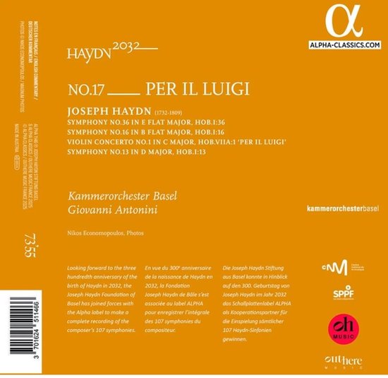 Achterkant van het album met Haydn 2032, details over de opnames en artiesten. Met tekst in het Engels en Frans.