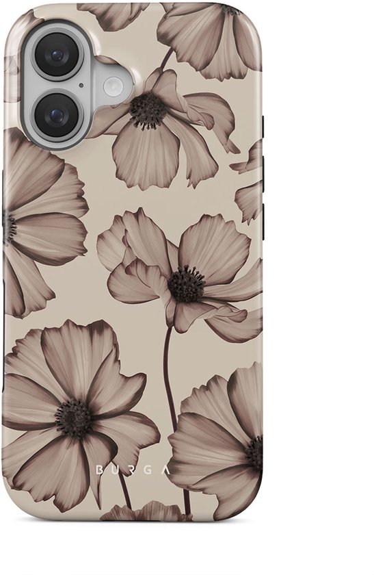 Telefoonhoesje met beige achtergrond en bruine bloemenprint. Zacht ontwerp.