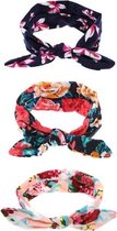 Baby Meisjes Haarbandjes met Bloemenprint – Set van 3 – Zwart, Blauw & Roze – Rekbaar Katoen – 3-18 Maanden