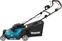 Zijaanzicht van turquoise en zwarte Makita grasmaaier met opvangzak.