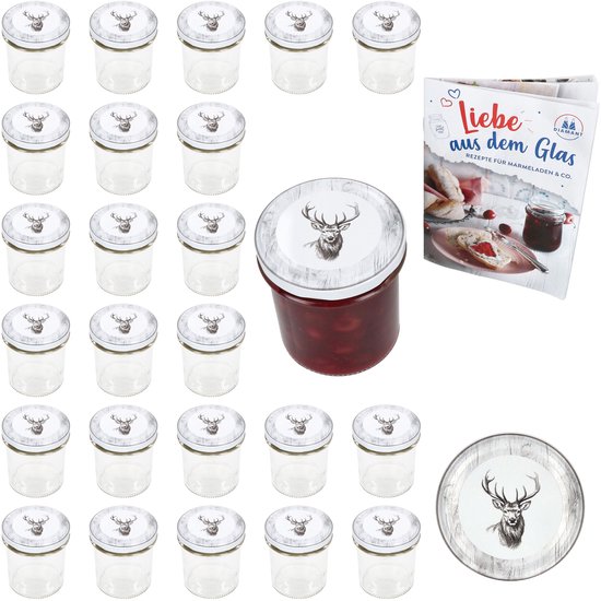 MamboCat Set van 25 weckpotten, 230 ml, met twist-off-deksel, hert, inmaakpotten TO 82 deksel receptenboekje, voorraadpotten inkoken en conserveren, Kerstmis