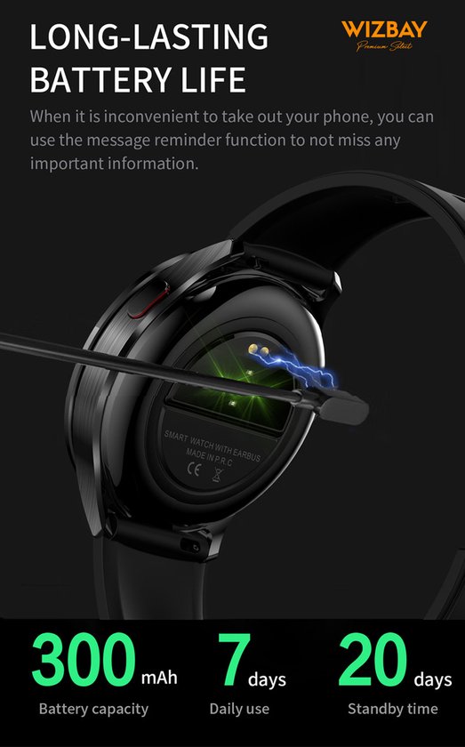 Achterkant van een zwarte smartwatch met magnetische oplaadkabel.